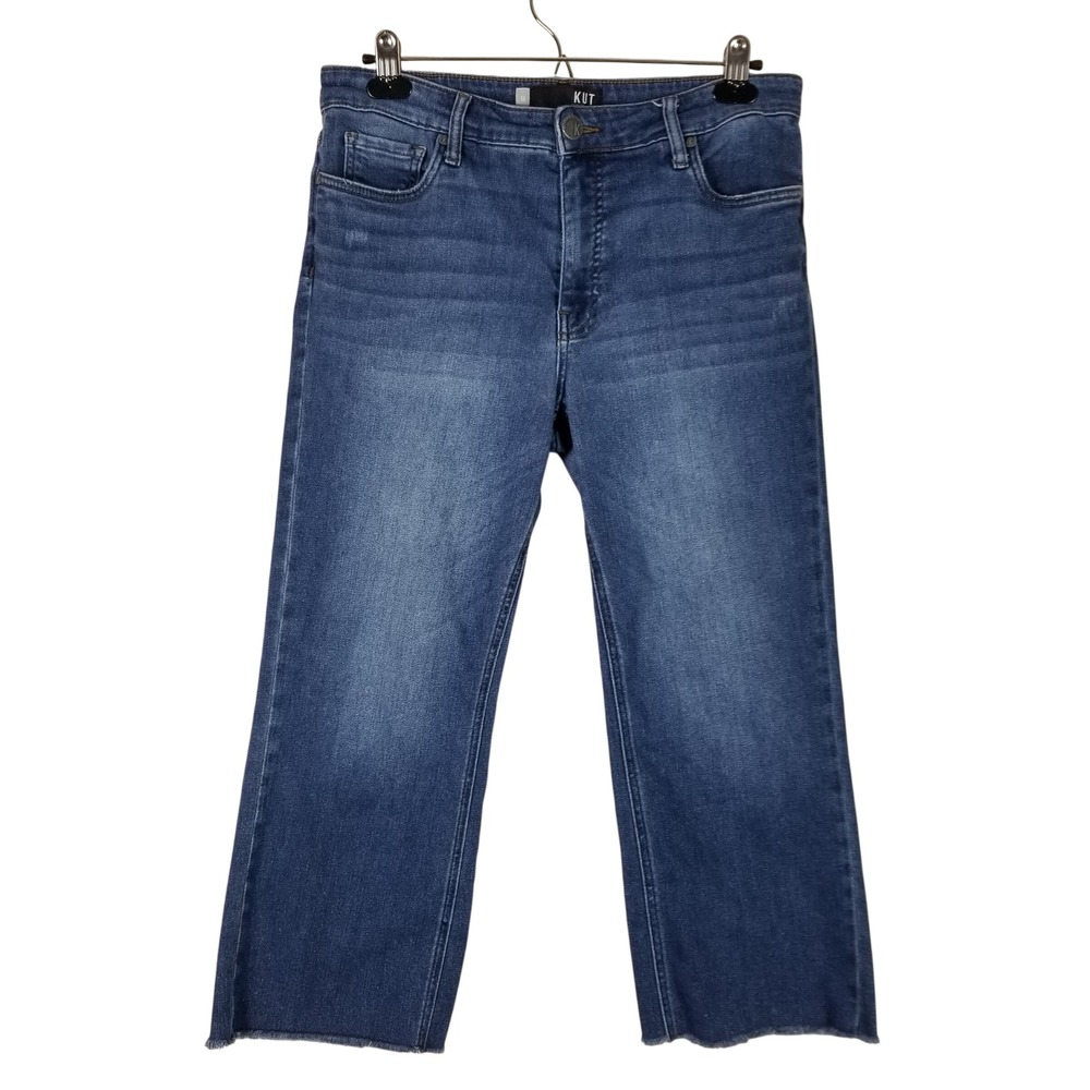 KUT from the Kloth Cropped Jeans Women Size 10 Blue Raw Hem Straight Leg